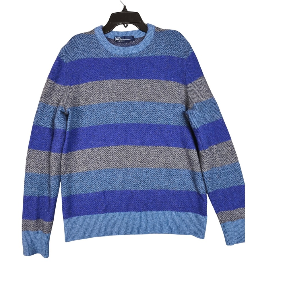 Gap Mens Lambswool Blend‎ Striped Herringbone Crewneck Sweater Blue Grey Medium